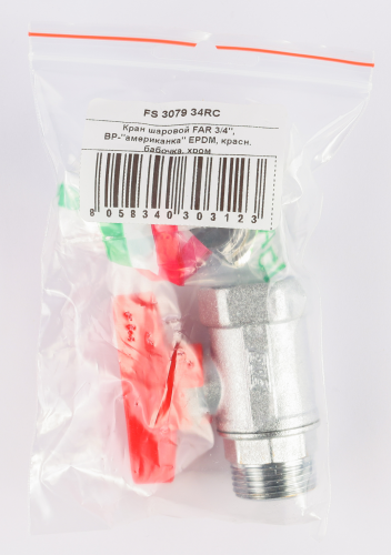 Кран шаровой FAR 3/4", ВР-"американка", красн. бабочка, хром